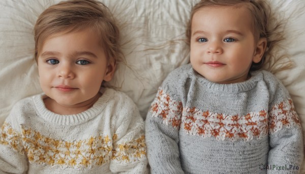 1girl,looking at viewer,short hair,blue eyes,multiple girls,brown hair,2girls,closed mouth,upper body,lying,on back,sweater,lips,siblings,child,realistic,female child,blonde hair,1boy,male focus,multiple views,bed sheet