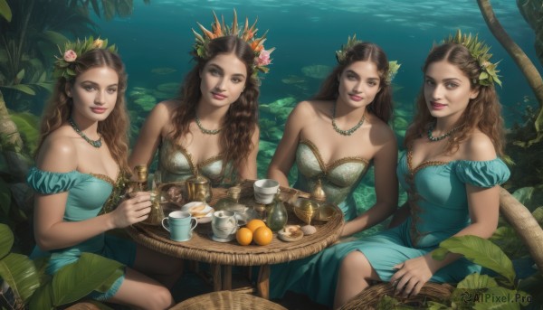 long hair,breasts,looking at viewer,smile,multiple girls,brown hair,hair ornament,dress,holding,cleavage,bare shoulders,brown eyes,jewelry,medium breasts,sitting,closed mouth,collarbone,flower,short sleeves,small breasts,outdoors,food,puffy sleeves,hair flower,3girls,water,necklace,off shoulder,mole,tree,cup,puffy short sleeves,lips,strapless,4girls,makeup,fruit,blue dress,leaf,wavy hair,chair,table,crown,plant,monster girl,holding cup,strapless dress,pink flower,plate,teacup,green dress,underwater,realistic,teapot,mermaid,orange (fruit),pearl necklace,lily pad,aqua dress,braid,artist name,signature,bottle,tray,fish,bowl,off-shoulder dress,basket,seaweed