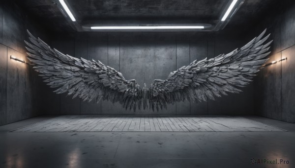 wings,indoors,no humans,shadow,scenery,feathered wings,angel wings,light,ceiling,hallway,ceiling light,tiles,dark,tile floor