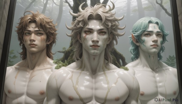 long hair,looking at viewer,blonde hair,brown hair,1boy,brown eyes,closed mouth,nipples,green eyes,blue hair,collarbone,yellow eyes,upper body,male focus,nude,green hair,multiple boys,horns,pointy ears,artist name,medium hair,tree,aqua hair,blood,muscular,colored skin,leaf,scar,facial mark,abs,thick eyebrows,3boys,pectorals,plant,muscular male,messy hair,pale skin,topless male,vines,monster boy,cracked skin,lips,nature,forest,realistic