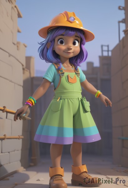 1girl,solo,looking at viewer,smile,bangs,shirt,hat,dress,brown eyes,jewelry,closed mouth,standing,full body,purple hair,short sleeves,boots,outdoors,sky,shoes,shorts,day,artist name,dark skin,medium hair,blurry,black eyes,flat chest,bracelet,dark-skinned female,blue sky,blurry background,watermark,brown footwear,helmet,child,female child,overalls,very dark skin,short hair,t-shirt,web address,multicolored clothes,pocket,green shirt