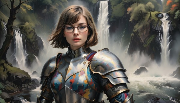 1girl,solo,looking at viewer,short hair,bangs,blue eyes,brown hair,hair ornament,upper body,outdoors,parted lips,glasses,teeth,artist name,signature,water,armor,tree,lips,swept bangs,shoulder armor,nature,forest,pauldrons,breastplate,rock,realistic,nose,fantasy,round eyewear,red lips,knight,waterfall,cave,chainmail,plate armor,blush