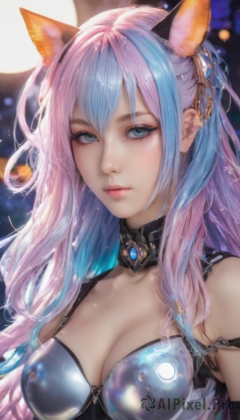 1girl,solo,long hair,breasts,looking at viewer,bangs,blue eyes,hair ornament,animal ears,cleavage,hair between eyes,bare shoulders,jewelry,medium breasts,closed mouth,blue hair,collarbone,upper body,pink hair,multicolored hair,choker,shiny,artist name,cat ears,signature,blurry,two-tone hair,lips,eyelashes,makeup,blurry background,fake animal ears,piercing,realistic,nose,mascara,sidelocks,armor,collar,streaked hair,grey eyes,gradient hair,detached collar,depth of field,expressionless,moon,gem,pink lips,eyeliner