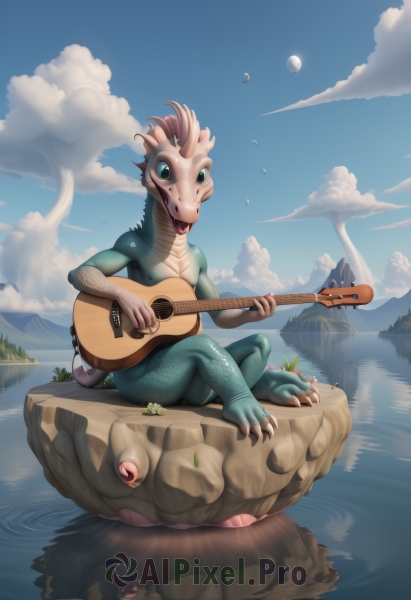 solo,open mouth,blue eyes,holding,sitting,tail,full body,outdoors,sky,day,tongue,artist name,cloud,water,blue sky,no humans,colored skin,bird,moon,crossed legs,instrument,claws,furry,reflection,rock,mountain,music,guitar,scales,indian style,playing instrument,holding instrument,lake,plectrum,lute (instrument),lizard,1girl,flower,monster girl,scenery,dragon,egg