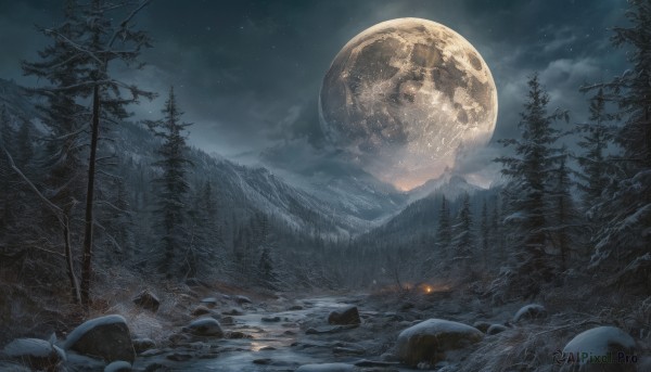 outdoors,sky,cloud,water,tree,no humans,night,moon,cloudy sky,fire,star (sky),nature,night sky,scenery,snow,full moon,forest,starry sky,rock,snowing,mountain,winter,bare tree,landscape,campfire,pine tree,moonlight