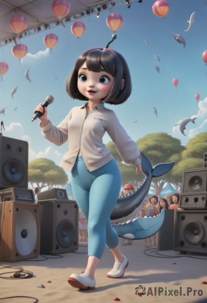 1girl,solo,breasts,looking at viewer,smile,short hair,open mouth,bangs,blue eyes,brown hair,shirt,black hair,long sleeves,holding,standing,tail,full body,white shirt,hairband,small breasts,outdoors,parted lips,multiple boys,sky,shoes,teeth,solo focus,day,collared shirt,pants,cloud,medium hair,tree,blue sky,lips,upper teeth only,white footwear,bob cut,instrument,child,microphone,walking,music,blue pants,female child,cable,balloon,holding microphone,fish tail,shark tail,shark girl,stage,speaker,blush,multiple girls,black eyes,bird,stuffed toy,leggings