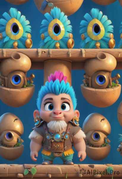 solo,looking at viewer,smile,short hair,blue eyes,shirt,1boy,jewelry,closed mouth,blue hair,standing,full body,pink hair,flower,male focus,multicolored hair,earrings,belt,pants,artist name,chibi,vest,fur trim,facial hair,blue background,plant,spiked hair,blue footwear,potted plant,coin,brown vest,flower pot,barrel,cactus,bangs,short sleeves,shoes,watermark,brown footwear,feathers,web address,beard,basket,brown belt,mohawk