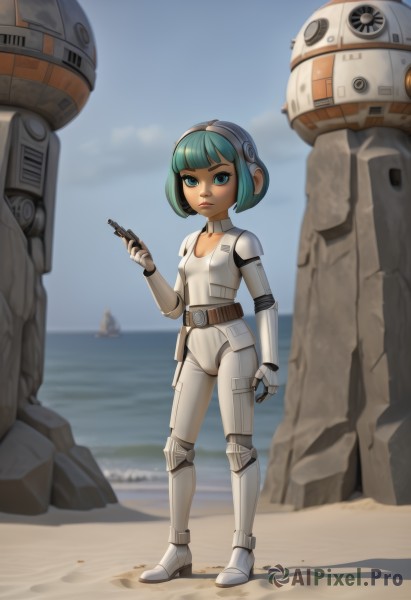 1girl,solo,breasts,looking at viewer,short hair,bangs,blue eyes,holding,blue hair,standing,full body,weapon,small breasts,outdoors,green hair,sky,day,belt,blunt bangs,water,holding weapon,armor,blurry,lips,gun,aqua hair,bodysuit,ocean,beach,robot,holding gun,handgun,science fiction,sand,android,white bodysuit,cyborg,robot joints,spacecraft,energy gun,spacesuit,cyberpunk,desert,gloves,boots,choker,bob cut,rock,holster