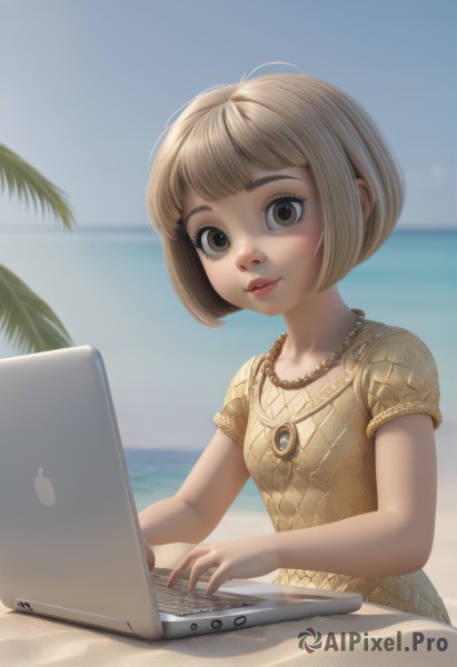 1girl,solo,looking at viewer,short hair,bangs,blonde hair,brown hair,dress,brown eyes,jewelry,upper body,short sleeves,small breasts,outdoors,parted lips,sky,day,puffy sleeves,artist name,blunt bangs,water,necklace,blurry,tree,blue sky,puffy short sleeves,lips,eyelashes,depth of field,blurry background,ocean,beach,bob cut,light brown hair,nose,sand,palm tree,horizon,red lips,computer,yellow dress,laptop,sitting,watermark,web address,realistic