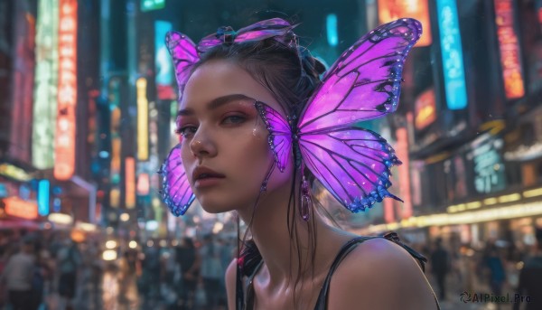 1girl, solo, looking at viewer, black hair, hair ornament, bare shoulders, upper body, outdoors, parted lips, tears, dark skin, blurry, lips, night, blurry background, single hair bun, bug, butterfly, city, realistic, nose, butterfly hair ornament, city lights