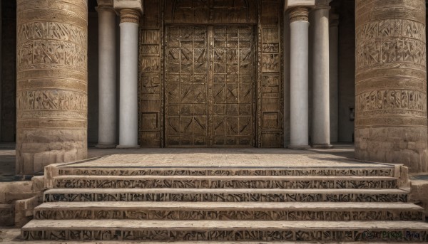 outdoors,no humans,scenery,stairs,architecture,pillar,arch,column,indoors,door,magic circle,throne,statue,stone floor