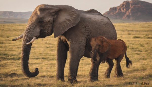 standing,tail,outdoors,day,blurry,black eyes,from side,no humans,blurry background,animal,grass,realistic,field,animal focus,tusks,dinosaur,sky,signature,depth of field,elephant,goat