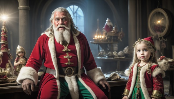 HQ,1girl,long hair,looking at viewer,blue eyes,multiple girls,blonde hair,1boy,hat,2girls,sitting,white hair,belt,indoors,fur trim,window,facial hair,table,christmas,beard,santa hat,santa costume,realistic,mustache,candle,old,old man,statue,candlestand,chandelier,long sleeves,jewelry,multiple boys,siblings,scar,chair,parody,chinese clothes,aged down,crown,child,robe,female child,manly,red coat,father and daughter,throne,fine art parody,scepter