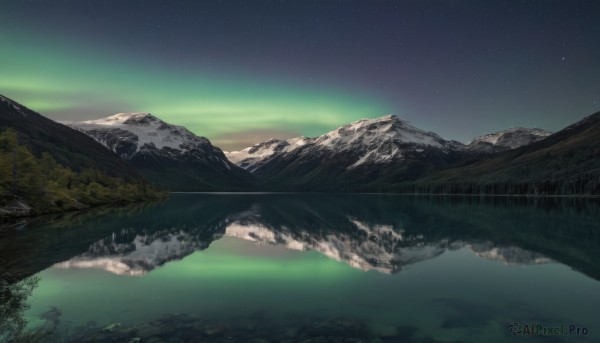 outdoors,sky,cloud,water,tree,no humans,night,star (sky),nature,night sky,scenery,forest,starry sky,reflection,mountain,river,landscape,lake,aurora,grass,rock