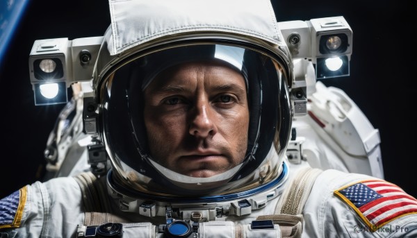 solo,looking at viewer,1boy,closed mouth,upper body,male focus,blurry,black eyes,facial hair,helmet,portrait,reflection,science fiction,realistic,space,planet,earth (planet),american flag,spacesuit,japanese flag,space helmet,astronaut,frown,flag print,spacecraft,united states,american flag print