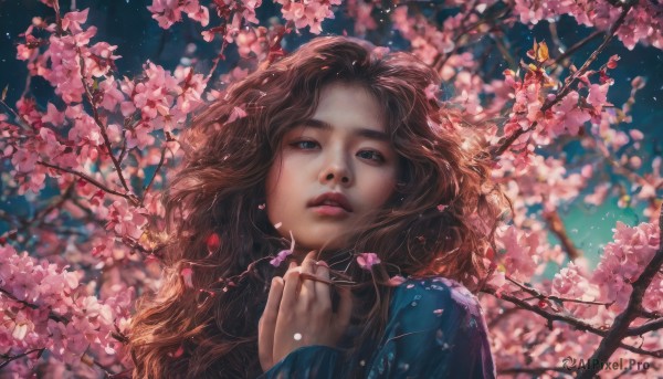 1girl, solo, long hair, looking at viewer, blue eyes, brown hair, holding, upper body, flower, outdoors, parted lips, sky, blurry, sweater, lips, petals, wavy hair, thick eyebrows, blue shirt, cherry blossoms, realistic, nose, branch