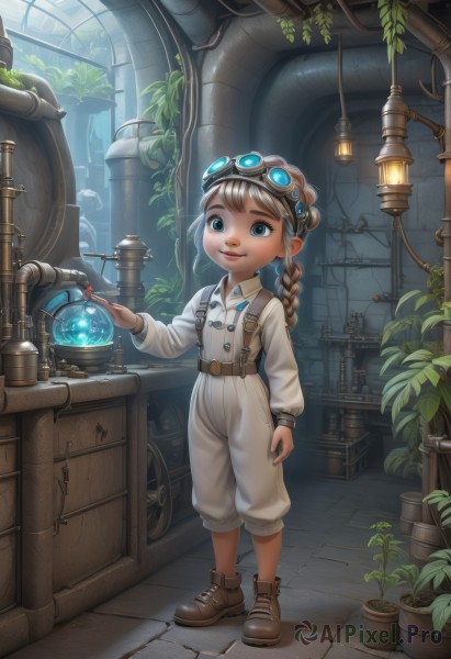 1girl,solo,long hair,looking at viewer,smile,blue eyes,blonde hair,brown hair,shirt,long sleeves,closed mouth,standing,full body,white shirt,braid,boots,shoes,collared shirt,belt,indoors,window,single braid,brown footwear,suspenders,plant,goggles,child,goggles on head,lantern,fantasy,female child,potted plant,overalls,barrel,industrial pipe,steampunk,machine,lips