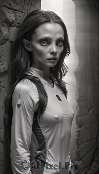 1girl,solo,long hair,breasts,looking at viewer,shirt,long sleeves,closed mouth,monochrome,upper body,greyscale,small breasts,covered nipples,lips,forehead,sportswear,realistic,nose,emblem,against wall,wall,nipples,science fiction