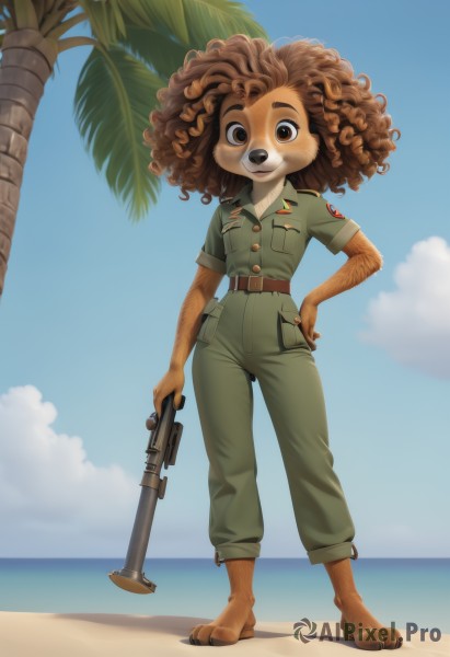 1girl,solo,looking at viewer,smile,open mouth,brown hair,shirt,holding,animal ears,brown eyes,standing,collarbone,full body,weapon,short sleeves,outdoors,sky,barefoot,day,belt,pants,artist name,cloud,signature,water,holding weapon,uniform,flat chest,tree,blue sky,hand on hip,gun,military,military uniform,buttons,ocean,watermark,beach,thick eyebrows,dog ears,holding gun,rifle,furry,freckles,curly hair,pocket,green shirt,sand,palm tree,furry female,dog girl,horizon,brown belt,breast pocket,body fur,animal nose,green pants,snout,brown fur,animal feet,tail,messy hair