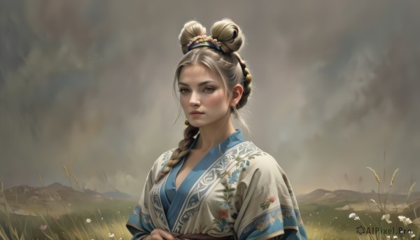 1girl,solo,long hair,breasts,looking at viewer,blonde hair,brown hair,hair ornament,long sleeves,brown eyes,jewelry,closed mouth,upper body,braid,flower,short sleeves,earrings,outdoors,parted lips,cloud,hair bun,lips,single braid,double bun,chinese clothes,floral print,grass,hair over shoulder,mountain,realistic,grey sky,blush,japanese clothes,artist name,kimono,sash,white flower,freckles,robe,nose