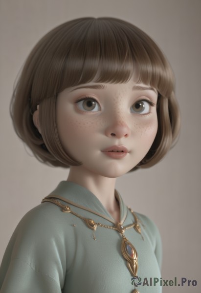 1girl,solo,looking at viewer,short hair,bangs,simple background,brown hair,shirt,brown eyes,jewelry,upper body,parted lips,blunt bangs,grey background,necklace,lips,eyelashes,bob cut,grey shirt,pendant,freckles,brown background,realistic,nose,teeth,gem