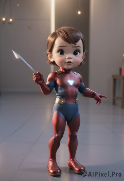 1girl,solo,looking at viewer,short hair,brown hair,holding,brown eyes,standing,full body,weapon,indoors,armor,blurry,black eyes,lips,bodysuit,blurry background,knife,child,superhero,red bodysuit,gloves,1boy,male focus,boots,sword,aged down,freckles,male child