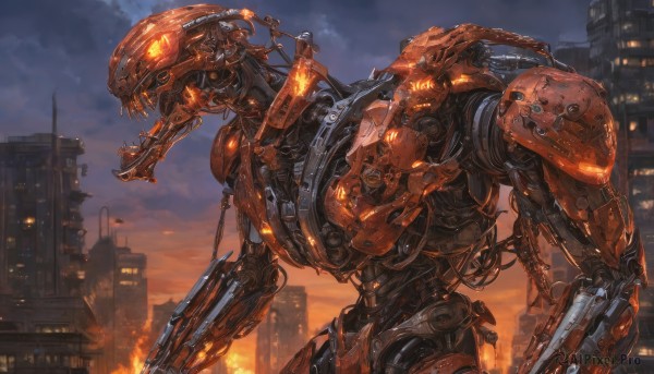 solo,weapon,outdoors,sky,teeth,cloud,gun,no humans,glowing,cloudy sky,fire,robot,building,mecha,claws,smoke,machinery,science fiction,city,cityscape,cable,damaged,glowing eyes,sunset,realistic,skyscraper,wire