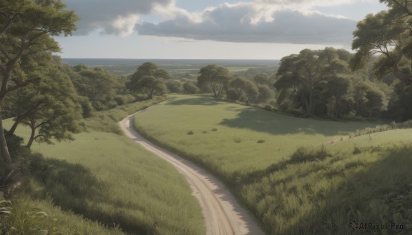 outdoors,sky,day,cloud,water,tree,blue sky,no humans,ocean,beach,grass,plant,nature,scenery,forest,horizon,road,bush,landscape,path,hill,cloudy sky,shore