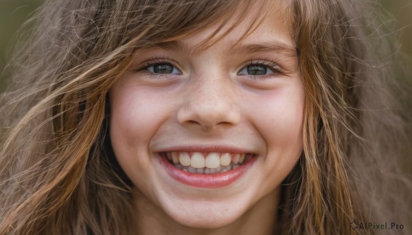 1girl,solo,long hair,looking at viewer,smile,open mouth,bangs,brown hair,brown eyes,teeth,black eyes,lips,grey eyes,eyelashes,portrait,close-up,realistic,nose,grin,parody,messy hair,horror (theme)