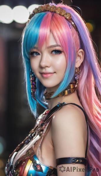 1girl,solo,long hair,breasts,looking at viewer,smile,bangs,blue eyes,large breasts,cleavage,bare shoulders,jewelry,medium breasts,closed mouth,blue hair,upper body,pink hair,multicolored hair,hairband,earrings,choker,necklace,blurry,collar,from side,two-tone hair,lips,eyelashes,makeup,depth of field,blurry background,tiara,gem,armlet,pink lips,realistic,nose,arm strap,hair ornament,sleeveless,strap