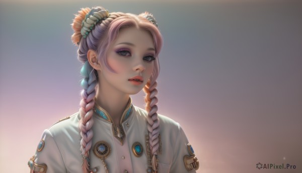 1girl,solo,long hair,looking at viewer,bangs,shirt,hair ornament,white shirt,upper body,pink hair,braid,multicolored hair,parted lips,teeth,artist name,hair flower,twin braids,two-tone hair,lips,gradient,grey eyes,gradient background,eyelashes,makeup,buttons,lipstick,portrait,eyeshadow,realistic,red lips,multiple braids,simple background,green eyes,blue hair,flower,blurry,uniform,white jacket,gem,pink lips,nose