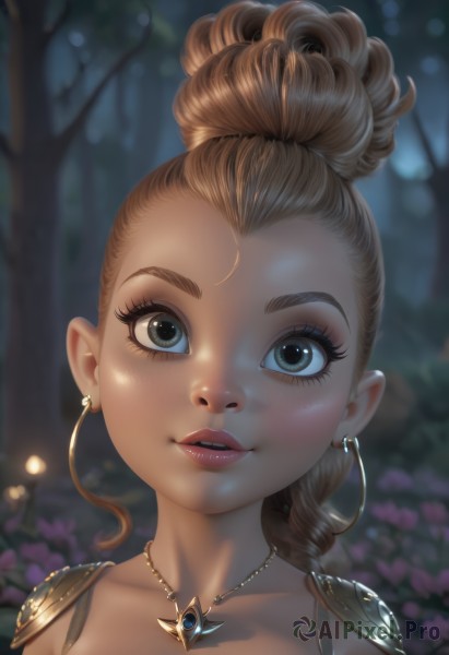 1girl,solo,long hair,looking at viewer,smile,open mouth,blue eyes,blonde hair,brown hair,jewelry,collarbone,upper body,braid,flower,earrings,outdoors,parted lips,teeth,artist name,necklace,hair bun,armor,blurry,tree,lips,grey eyes,eyelashes,single braid,makeup,depth of field,blurry background,single hair bun,portrait,nature,close-up,forest,freckles,realistic,hair pulled back,night,shoulder armor,nose,shoulder pads