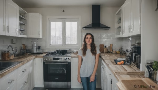 1girl,solo,long hair,looking at viewer,brown hair,shirt,black hair,brown eyes,closed mouth,standing,white shirt,short sleeves,cowboy shot,food,pants,indoors,cup,lips,window,bottle,plant,denim,t-shirt,scenery,jeans,blue pants,kitchen,frying pan,sink,faucet,cabinet,stove,cutting board,bowl,realistic,potted plant,spatula,kettle