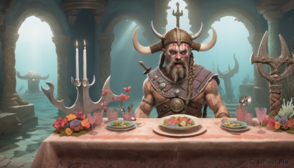 solo,red eyes,1boy,sitting,weapon,braid,flower,male focus,food,horns,sword,indoors,armor,tattoo,muscular,facial hair,table,helmet,knife,beard,plate,bow (weapon),fantasy,fork,arrow (projectile),candle,fake horns,axe,pillar,quiver,vase,horned helmet,looking at viewer,open mouth,holding,jewelry,upper body,teeth,water,necklace,rose,scar,muscular male,polearm,red flower,pink flower,blue flower,topless male,light rays,bouquet,trident,horned headwear,pov across table