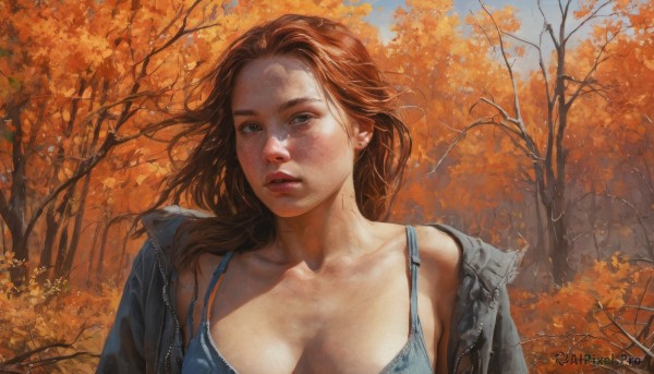 1girl,solo,long hair,breasts,looking at viewer,blue eyes,large breasts,brown hair,cleavage,medium breasts,underwear,collarbone,jacket,upper body,outdoors,parted lips,open clothes,day,bra,open jacket,tree,lips,leaf,nature,forest,freckles,realistic,nose,autumn leaves,blue bra,leather,autumn,leather jacket,denim jacket,jewelry,earrings,sky,off shoulder,black jacket,sunlight,wind,dirty