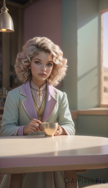 1girl,solo,looking at viewer,short hair,blonde hair,long sleeves,holding,brown eyes,jewelry,jacket,parted lips,indoors,medium hair,necklace,blurry,cup,lips,coat,window,blurry background,chair,table,sunlight,holding cup,teacup,curly hair,mug,realistic,nose,coffee,cafe,sitting,day,nail polish,watermark,wavy hair,ring,lamp