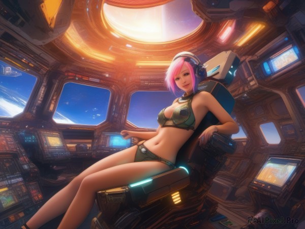 1girl,solo,breasts,looking at viewer,smile,short hair,large breasts,navel,cleavage,bare shoulders,medium breasts,sitting,underwear,panties,swimsuit,pink hair,bikini,midriff,pink eyes,bra,lips,headphones,underwear only,science fiction,realistic,cable,space,computer,monitor,planet,reclining,spacecraft,cockpit,bangs,brown eyes,closed mouth,green eyes,multicolored hair,parted lips,sky,day,indoors,signature,stomach,two-tone hair,blue sky,bare arms,dutch angle,bare legs,window,feet out of frame,swept bangs,watermark,chair,light smile,machinery,screen,holographic interface