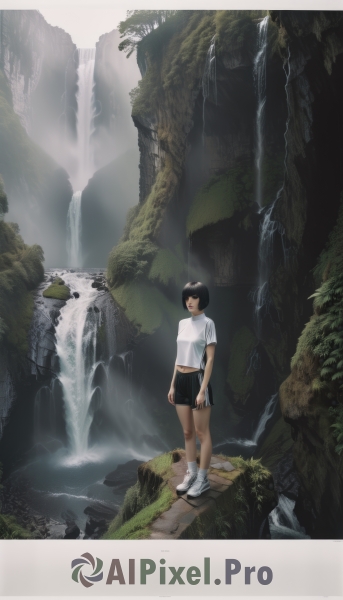 1girl,solo,short hair,shirt,black hair,standing,white shirt,short sleeves,outdoors,shoes,shorts,water,black eyes,black shorts,white footwear,sneakers,nature,scenery,waterfall,cliff,looking at viewer,bangs,closed mouth,full body,socks,tree,lips,bob cut,grass,white socks,t-shirt,rock,arms at sides,river,moss