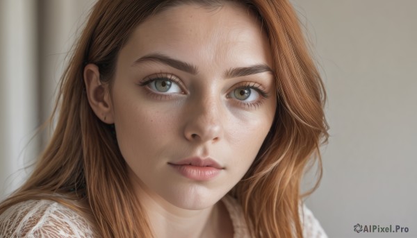 1girl,solo,long hair,looking at viewer,smile,brown hair,brown eyes,closed mouth,green eyes,blurry,lips,eyelashes,blurry background,thick eyebrows,portrait,close-up,forehead,freckles,realistic,nose,bangs,depth of field,light smile