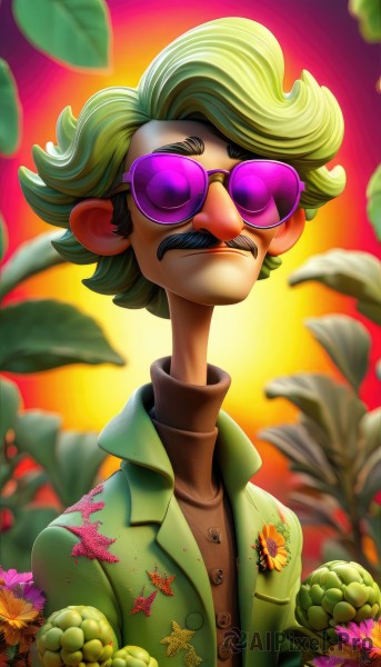 solo,short hair,shirt,1boy,jacket,upper body,flower,male focus,multicolored hair,outdoors,food,green hair,open clothes,blurry,fruit,blurry background,facial hair,leaf,sunglasses,thick eyebrows,sunset,green jacket,mustache,purple flower,brown shirt,tinted eyewear,looking at viewer,collared shirt,artist name,buttons,turtleneck,watermark,web address,backlighting,pocket,brown jacket,eggplant,hawaiian shirt,pineapple