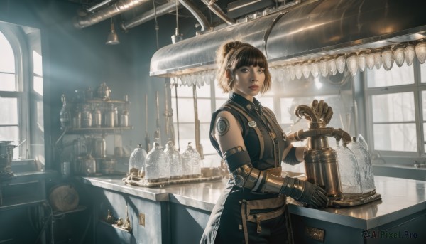 1girl,solo,looking at viewer,short hair,bangs,brown hair,black hair,gloves,bare shoulders,brown eyes,jewelry,standing,earrings,parted lips,sleeveless,day,black gloves,elbow gloves,belt,indoors,blunt bangs,hair bun,black eyes,lips,window,table,sunlight,single hair bun,bottle,scenery,science fiction,jar,steampunk,multiple boys,solo focus,vest,tattoo,headphones,backlighting