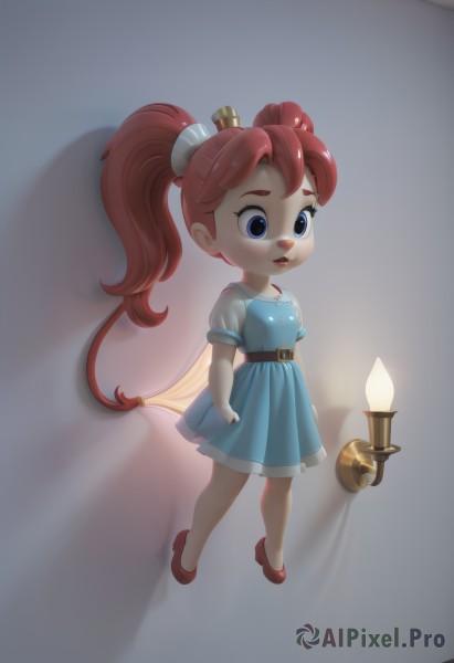 1girl,solo,long hair,open mouth,blue eyes,simple background,dress,twintails,full body,ponytail,short sleeves,red hair,shoes,belt,see-through,blue dress,red footwear,furry,furry female,candle,white background,puffy sleeves,puffy short sleeves,close-up,realistic