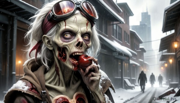 HQ,looking at viewer,open mouth,1boy,holding,collarbone,jacket,yellow eyes,white hair,male focus,outdoors,food,multiple boys,teeth,solo focus,hood,coat,fur trim,blood,fruit,eating,holding food,sharp teeth,goggles,building,snow,goggles on head,monster,snowing,city,realistic,apple,holding fruit,lamppost,horror (theme),1girl,short hair,gloves,heart,torn clothes,mask,messy hair,silhouette,zombie