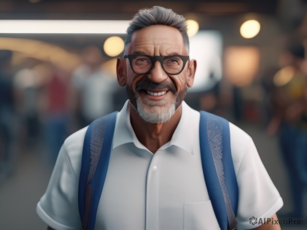 solo,looking at viewer,smile,short hair,shirt,1boy,white shirt,upper body,short sleeves,grey hair,male focus,glasses,teeth,solo focus,collared shirt,bag,grin,blurry,black eyes,depth of field,blurry background,facial hair,backpack,beard,black-framed eyewear,pocket,realistic,round eyewear,mustache,old,old man,wrinkled skin,brown eyes,indoors,vest,lips,dress shirt,buttons,wing collar,meme,nose