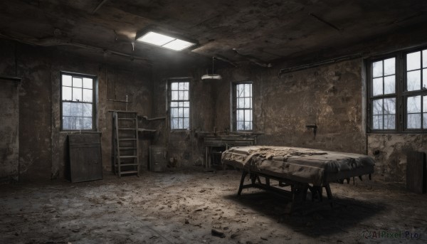 day,indoors,no humans,window,bed,chair,table,sunlight,scenery,door,lamp,ruins,broken window,desk,wooden floor,wall,broken,ceiling,cabinet,wooden chair