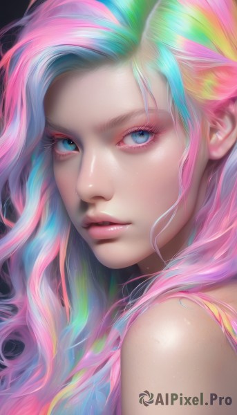 1girl,solo,long hair,looking at viewer,blue eyes,simple background,bare shoulders,closed mouth,blue hair,upper body,pink hair,multicolored hair,parted lips,sleeveless,shiny,artist name,from side,lips,streaked hair,eyelashes,makeup,black background,portrait,close-up,eyeshadow,personification,freckles,pink lips,realistic,nose,colorful,mascara,rainbow hair,aqua hair,watermark,wavy hair,web address