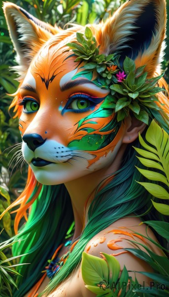 1girl,solo,long hair,looking at viewer,smile,hair ornament,animal ears,bare shoulders,jewelry,closed mouth,green eyes,upper body,flower,multicolored hair,earrings,outdoors,green hair,day,artist name,hair flower,necklace,orange hair,blurry,from side,lips,animal ear fluff,fox ears,eyelashes,makeup,leaf,facial mark,sunlight,plant,lipstick,slit pupils,portrait,nature,furry,close-up,eyeshadow,freckles,furry female,eyeliner,whisker markings,facepaint,animal nose,mascara,tattoo,gradient hair,watermark,fox girl,forest,dappled sunlight