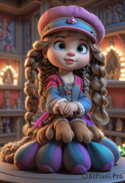 1girl,solo,long hair,looking at viewer,smile,blue eyes,brown hair,long sleeves,hat,dress,jewelry,sitting,very long hair,full body,braid,earrings,parted lips,pants,indoors,necklace,blurry,black eyes,twin braids,lips,depth of field,blurry background,blue dress,table,gem,child,female child,layered sleeves,short over long sleeves,multiple braids,multicolored headwear,closed mouth,fur trim,eyelashes,watermark,wariza,own hands together,multicolored clothes,blue headwear,pink lips