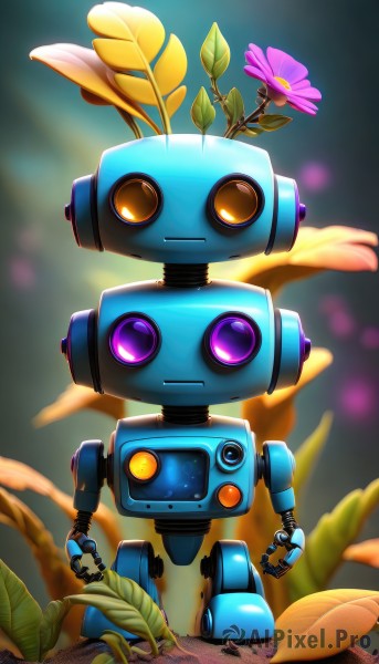 solo,looking at viewer,standing,purple eyes,full body,flower,blurry,orange eyes,no humans,blurry background,glowing,leaf,plant,robot,mecha,science fiction,purple flower,one-eyed,straight-on,open hands,humanoid robot,non-humanoid robot,yellow eyes,signature,pink flower,dust