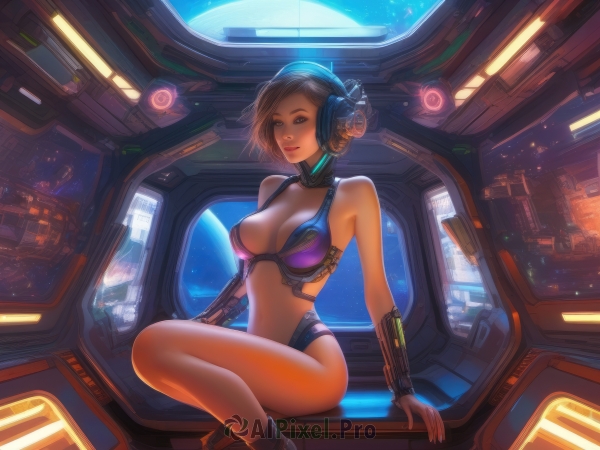 1girl,solo,breasts,looking at viewer,smile,short hair,bangs,large breasts,brown hair,navel,cleavage,bare shoulders,brown eyes,sitting,closed mouth,swimsuit,bikini,midriff,lips,headphones,headset,science fiction,space,cockpit,window,headgear,revealing clothes,realistic